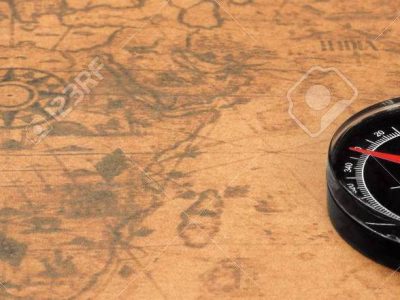 Magnetic Compass On The Old Map Background, Closeup, Front View Horizontal Image